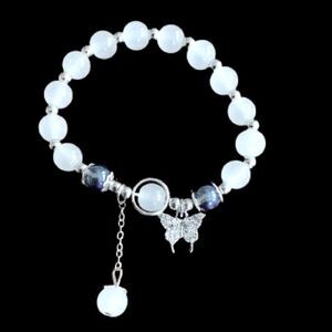 Milky White Beaded Stretch Bracelet with Sparkly Butterfly Charm